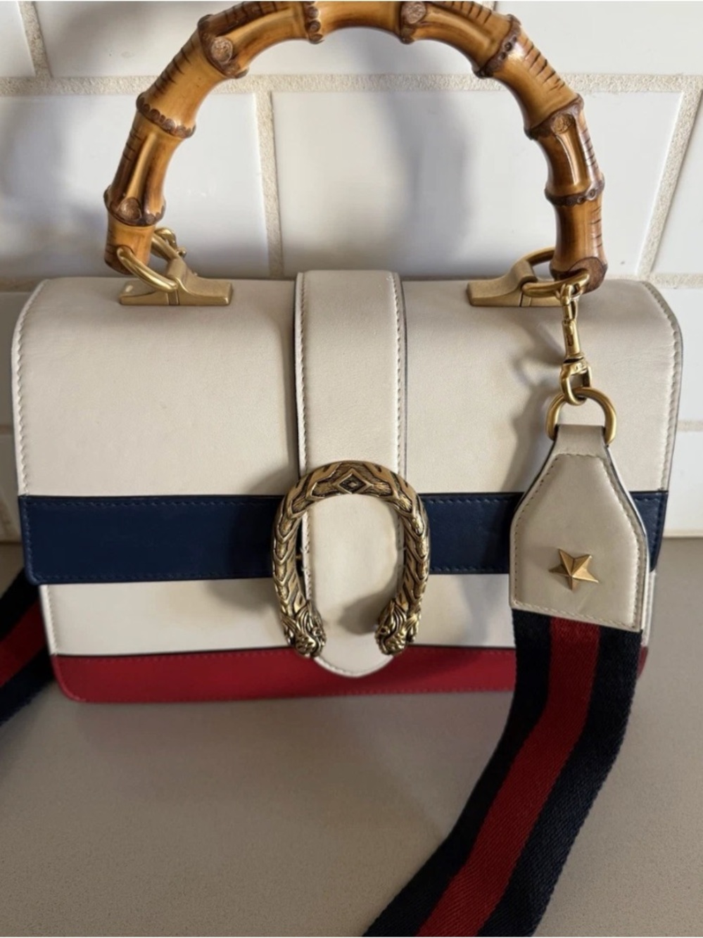 Gucci White Mini Top-Handle Bag with Red and Navy Stripe
